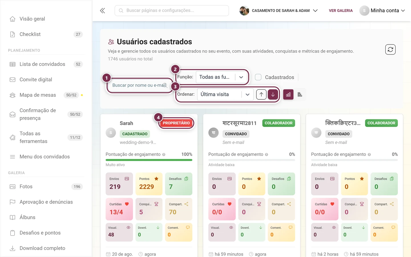 Gerenciamento de participantes com o campo de busca, o filtro de função, a ordenação e o chip de função destacados