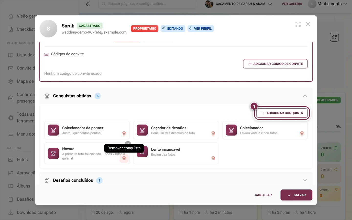 Seção de conquistas no diálogo do participante com o botão Adicionar conquista destacado