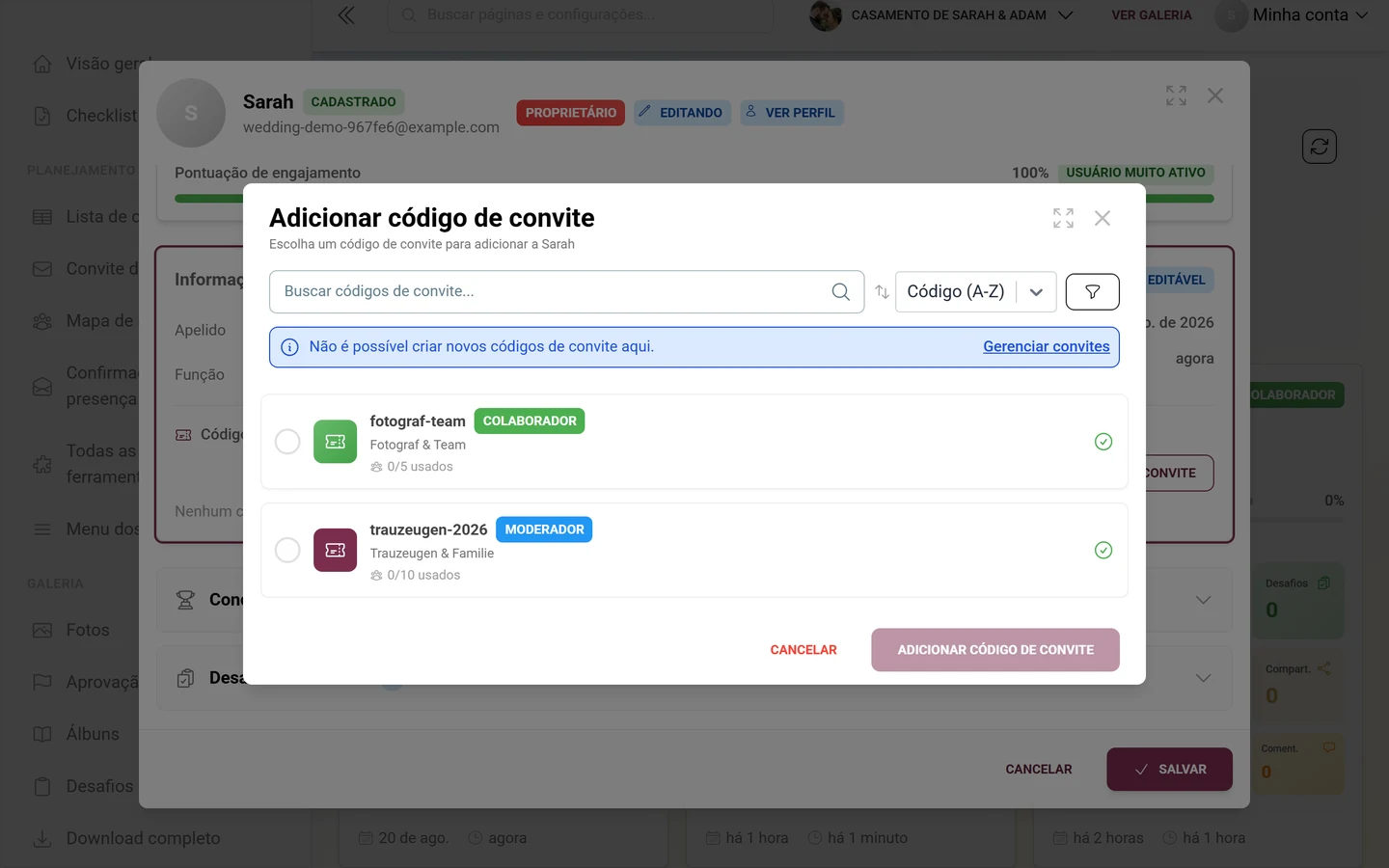 Diálogo Adicionar código de convite com campo de busca, ordenação, faixa informativa e dois códigos selecionáveis com chips de função