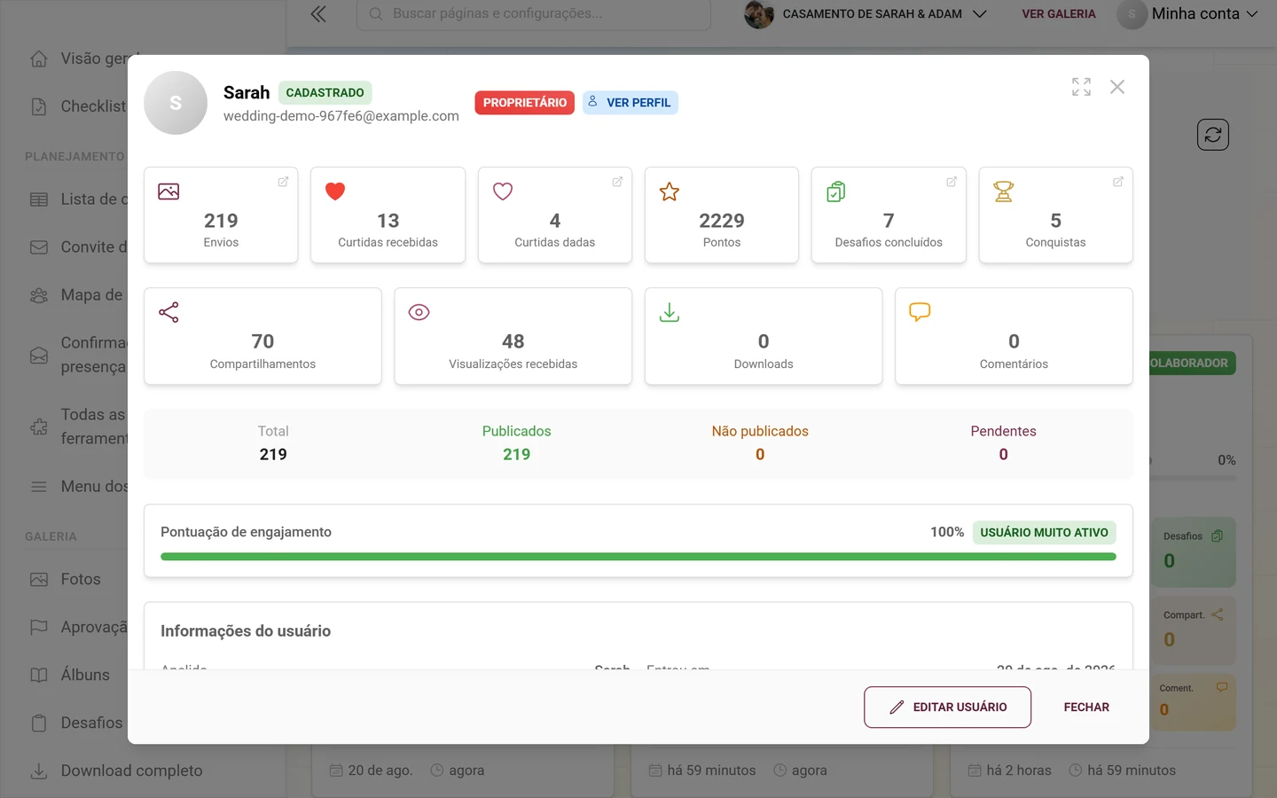 Diálogo de detalhes de um usuário com blocos de indicadores, resumo de envios e barra de engajamento