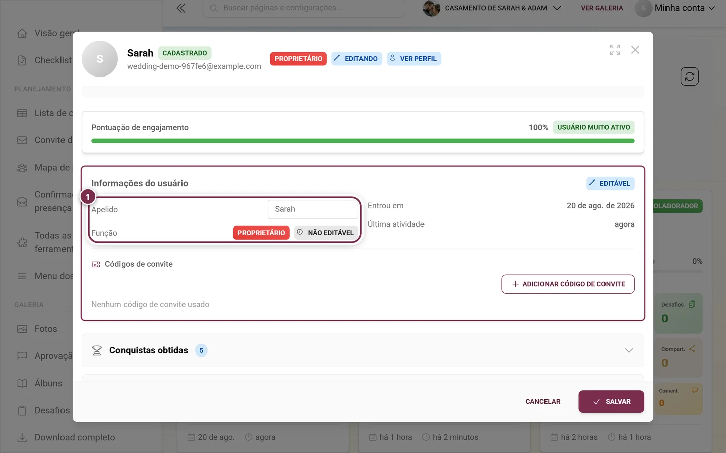 Diálogo de detalhes de um participante no modo de edição com a linha da função destacada