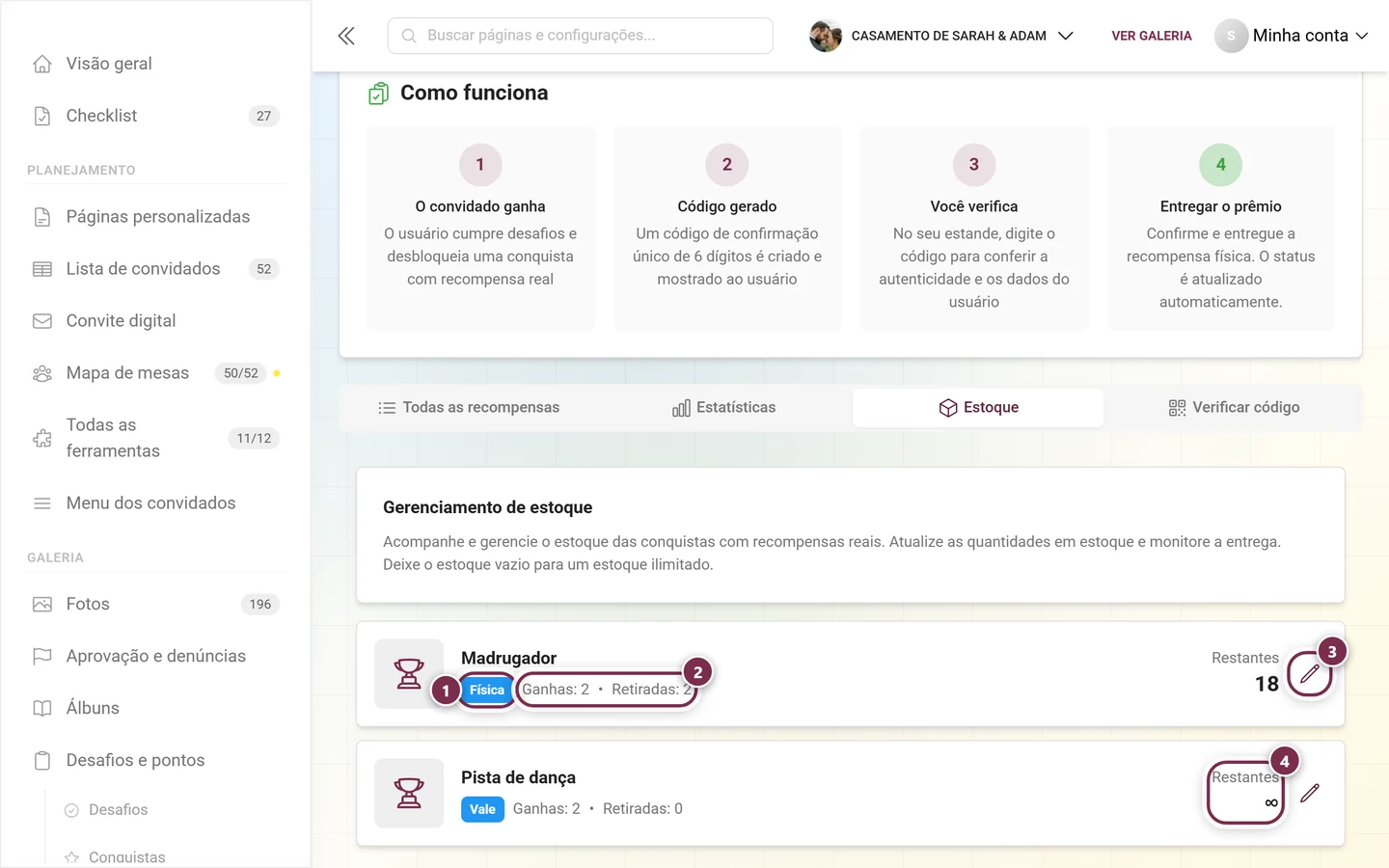 Aba Estoque com o chip de tipo, os contadores, o ícone de lápis e o estoque ilimitado destacados
