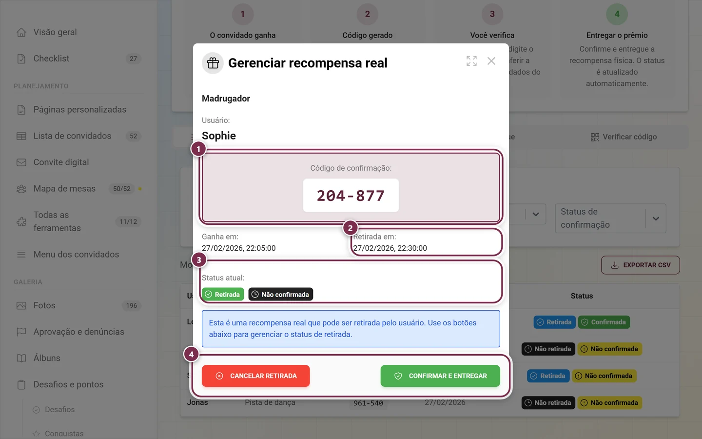 Diálogo Gerenciar recompensa real com o código, a data de retirada, os chips de status e os dois botões destacados