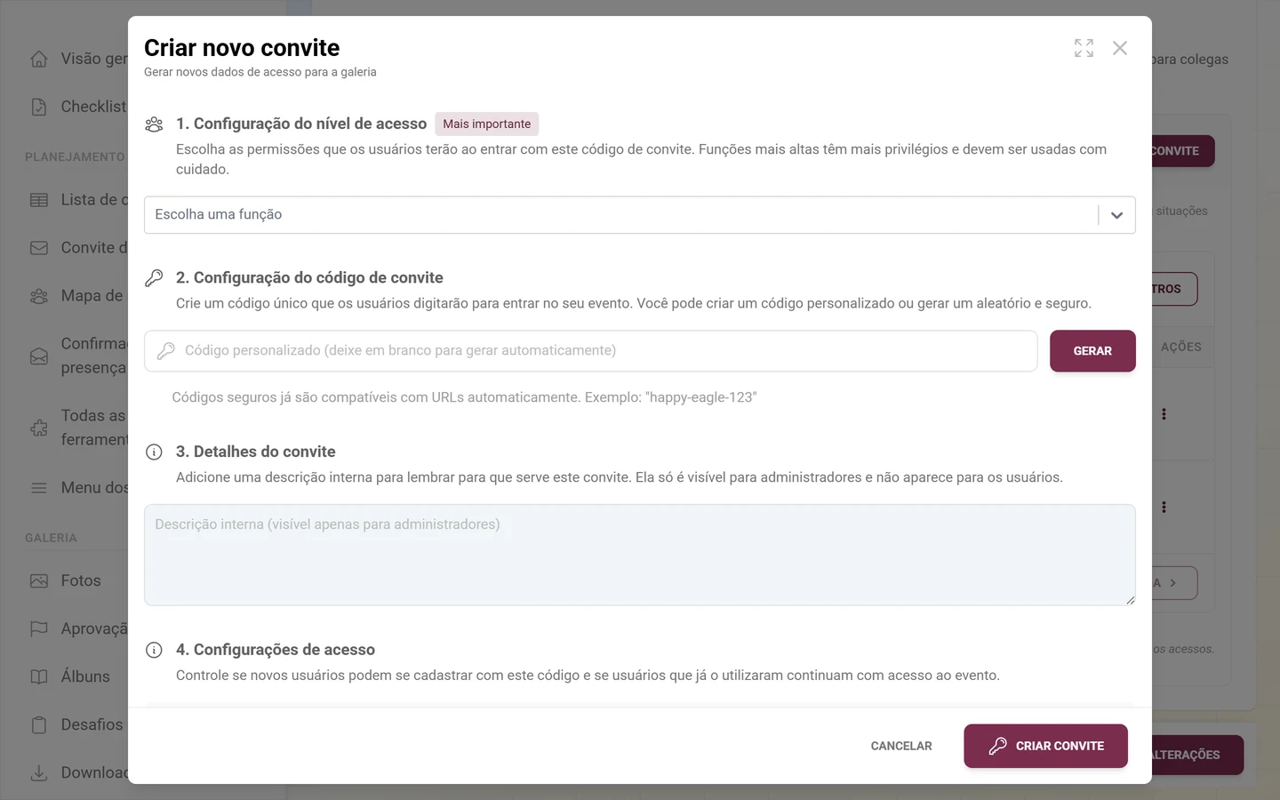 Diálogo de criação de convite com seletor de funções e código de convite