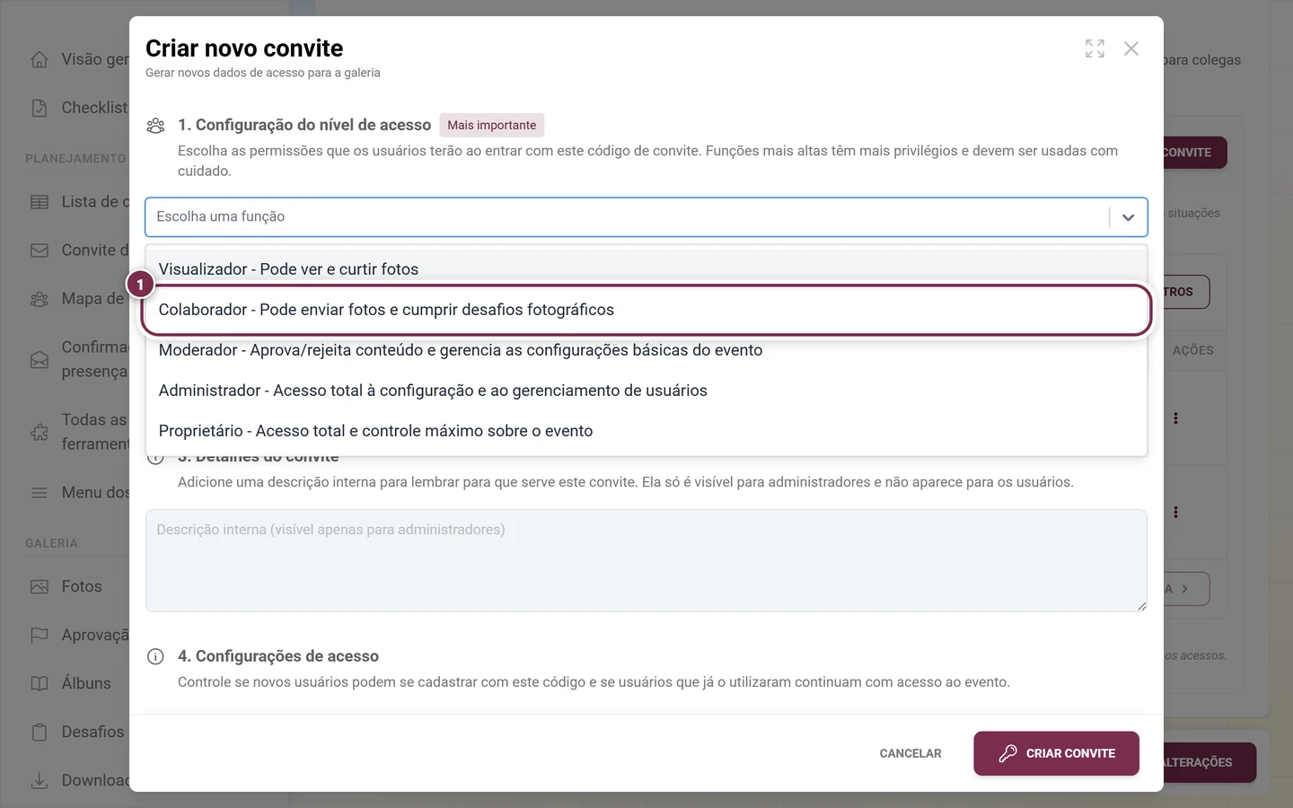 Seletor de funções aberto no diálogo de convite, com o item Colaborador destacado