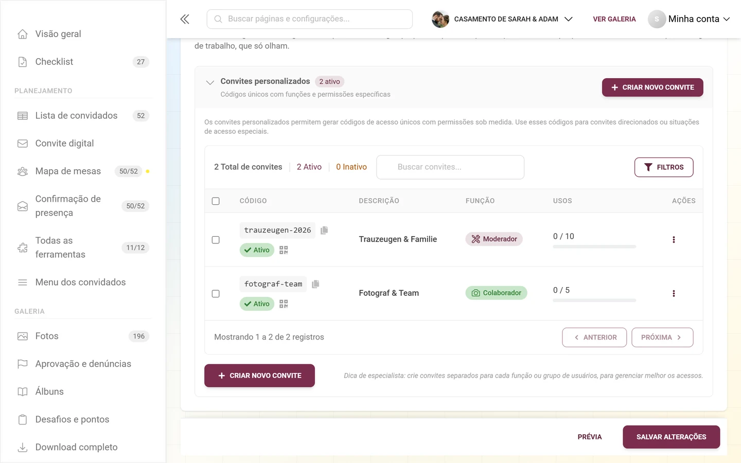 O bloco Convites personalizados com funções e permissões próprias