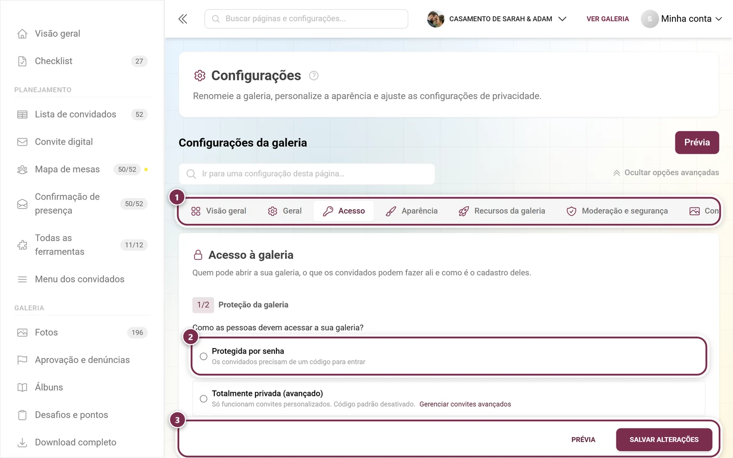 A aba Acesso das configurações da galeria, com Proteção da galeria, Modo da galeria e Códigos de convite