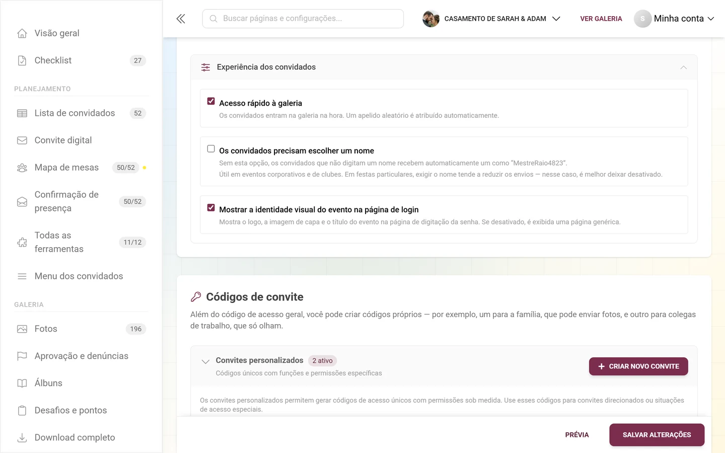 Área recolhível Experiência dos convidados aberta, com as caixas de seleção Acesso rápido à galeria, Os convidados precisam escolher um nome e Mostrar a identidade visual do evento na página de login