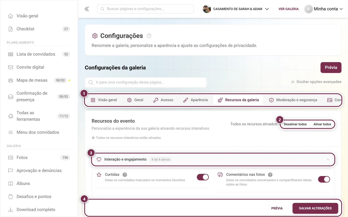 Aba Recursos da galeria nas configurações do evento, com opções para curtidas e comentários