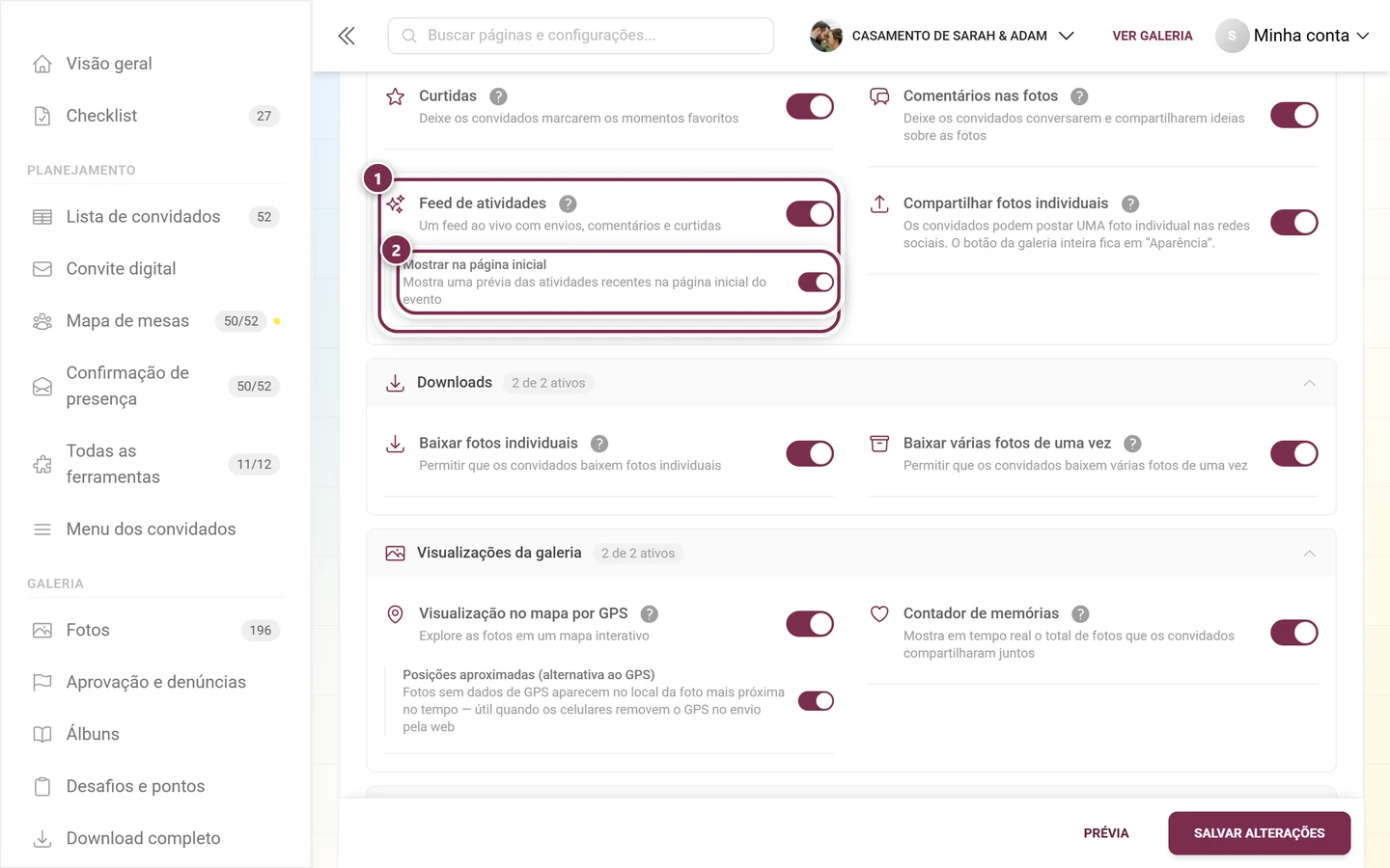 Configurações de recursos com o cartão Feed de atividades destacado e a chave secundária Mostrar na página inicial