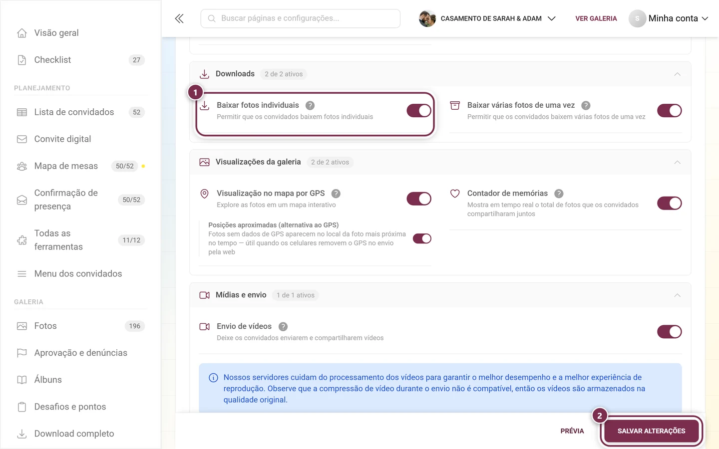 Configurações: Recursos do evento com a chave Baixar fotos individuais destacada