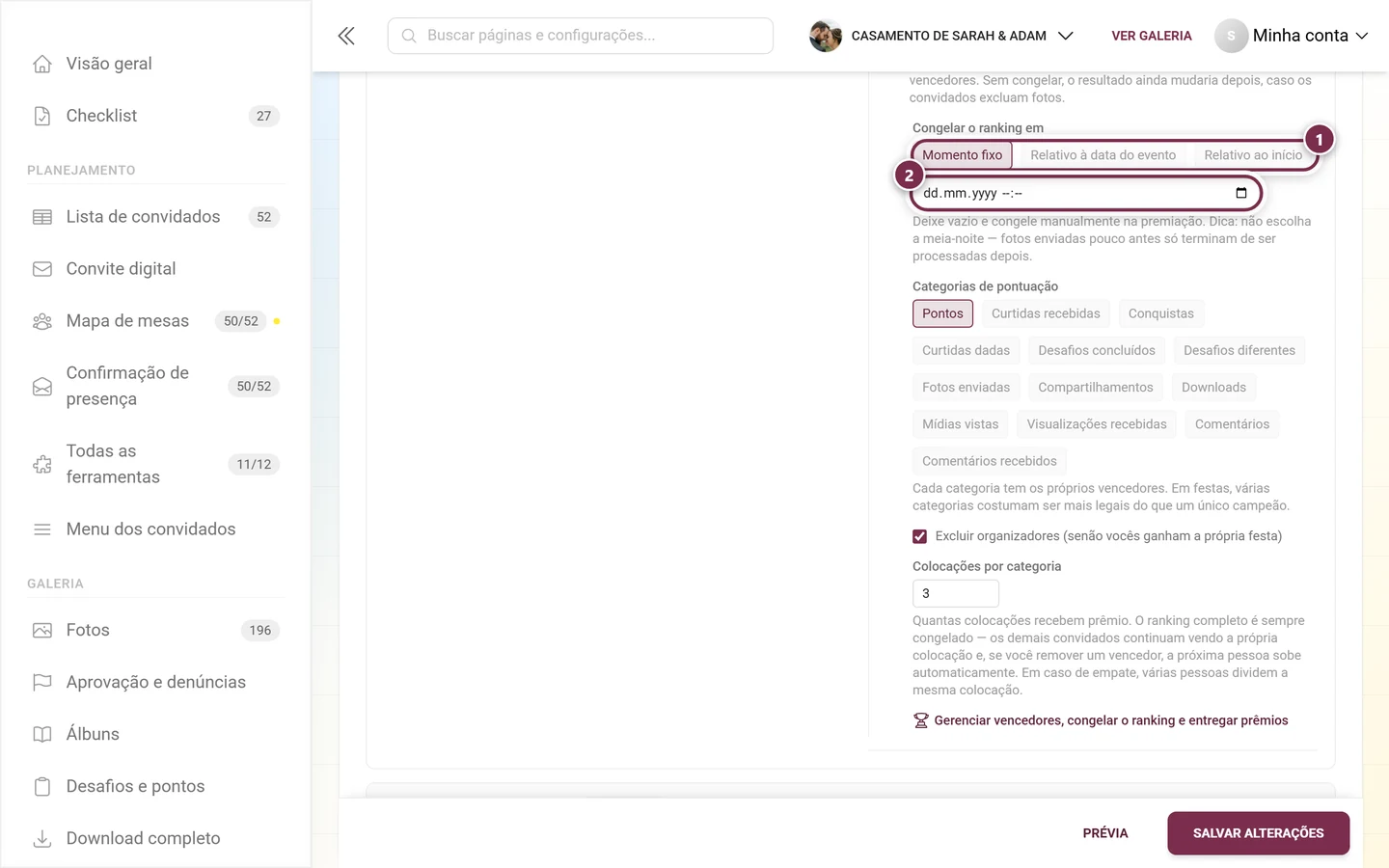 Os dois modos Momento fixo e Relativo à data do evento, com o campo de data embaixo