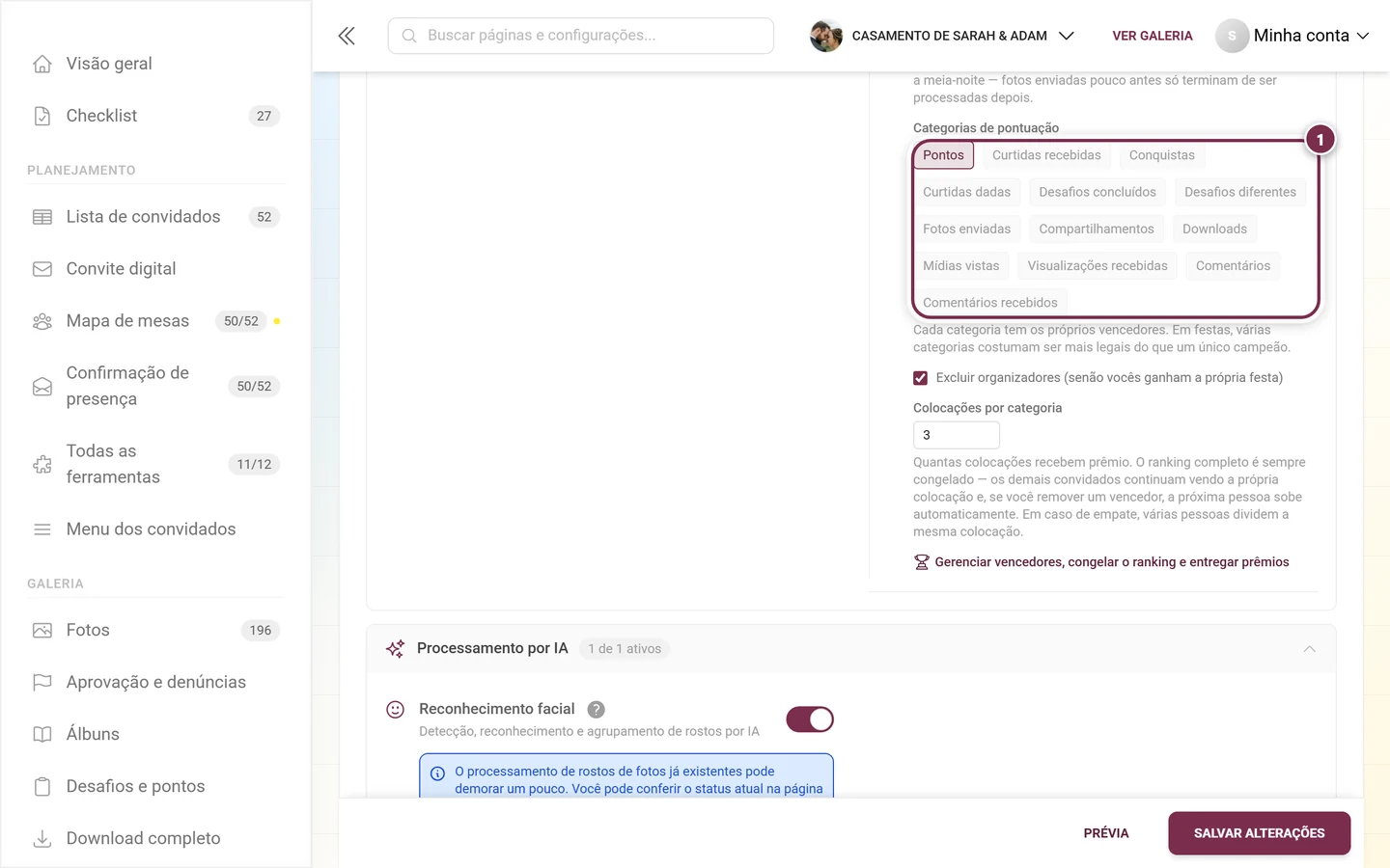 As treze Categorias de pontuação como chips, Pontos está escolhida, várias estão acinzentadas