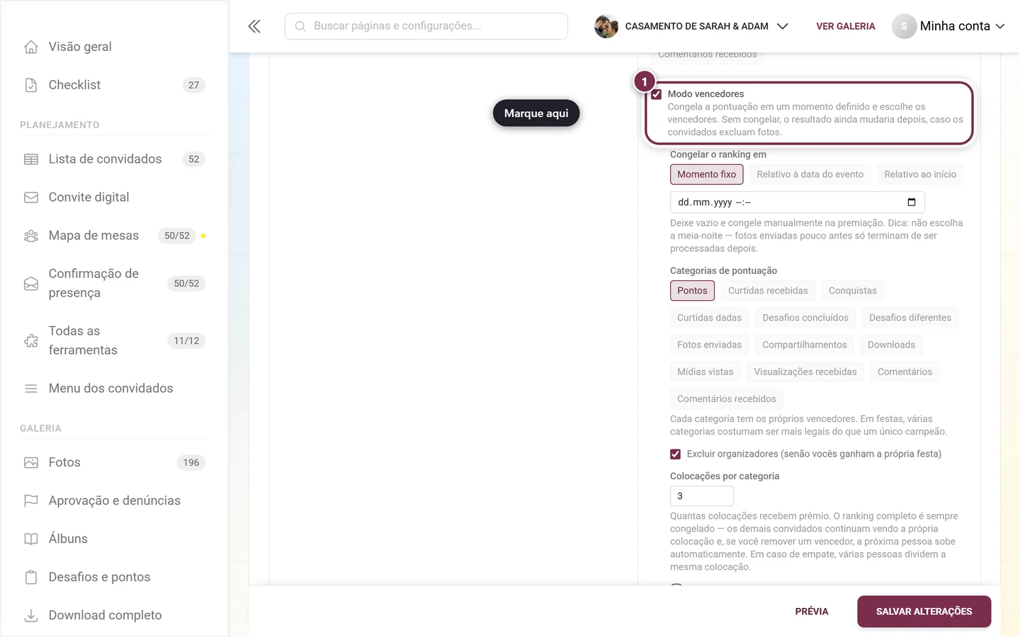 A caixa de seleção Modo vencedores no cartão Ranking, com o texto explicativo embaixo