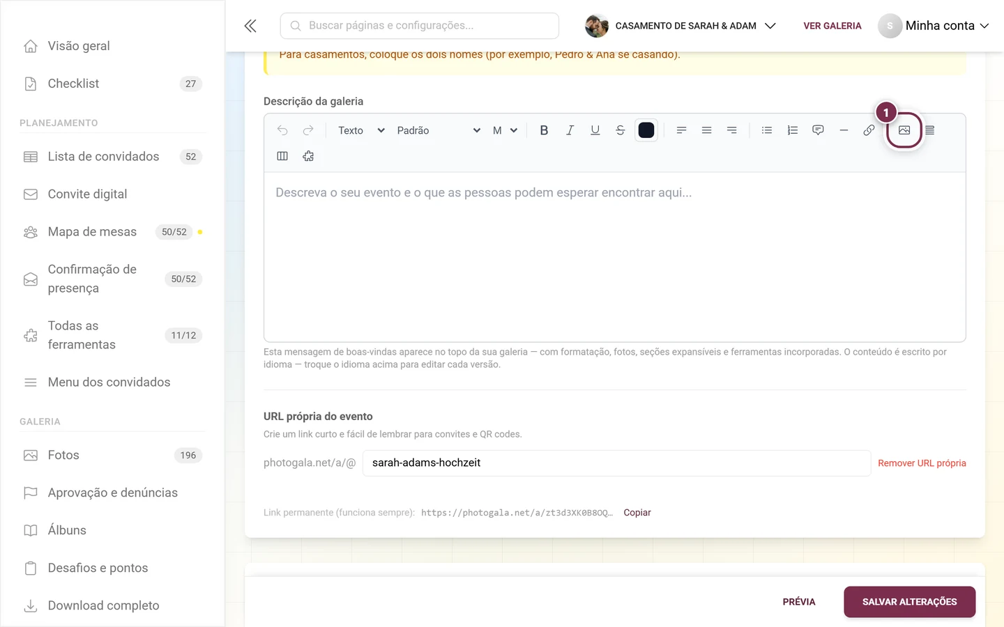 Editor da descrição da galeria com o botão Inserir imagem destacado