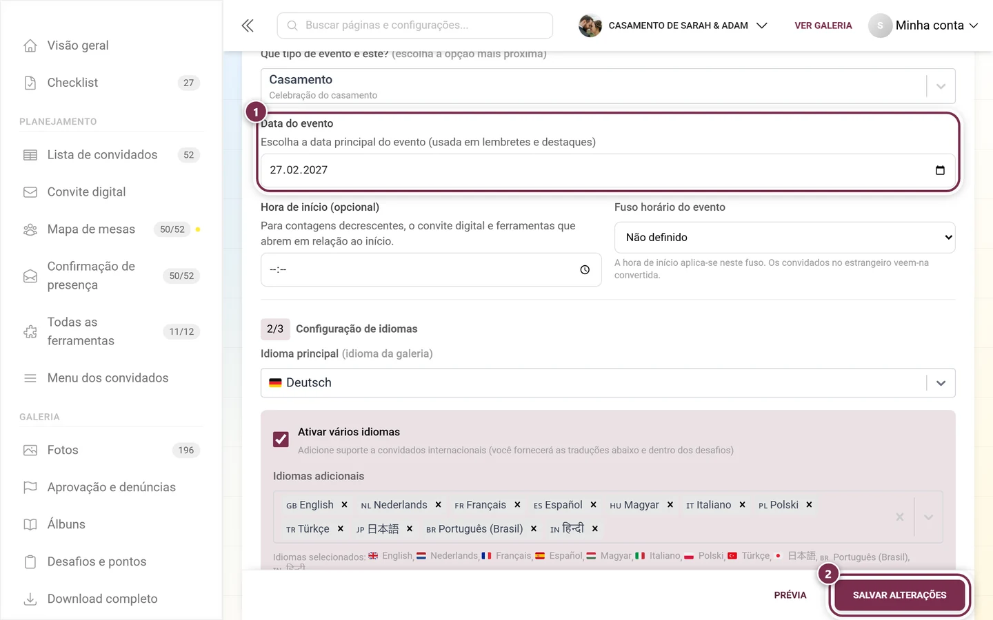Campo Data do evento nas configurações gerais com destaque e barra de salvar