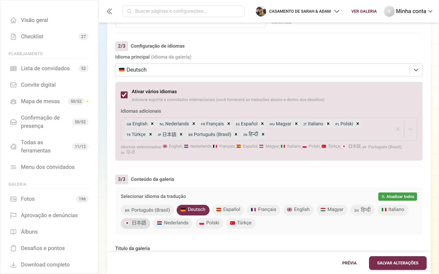 Seção 2/3 Configuração de idiomas com o idioma principal e inglês como idioma adicional