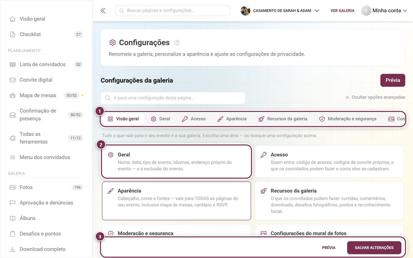 A aba Visão geral das configurações da galeria com um bloco por área