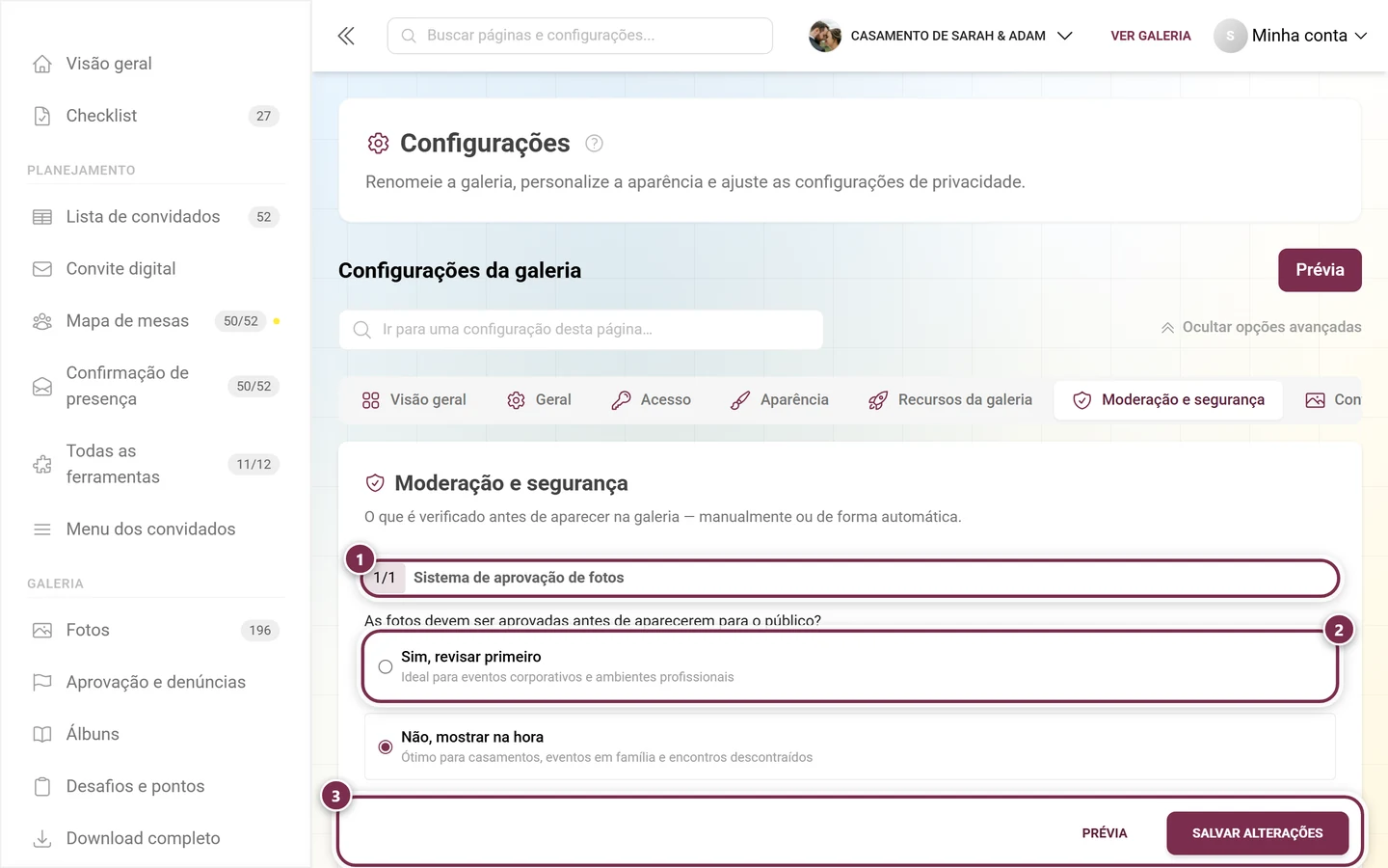 Aba de configurações Moderação e segurança com o interruptor do filtro de conteúdo