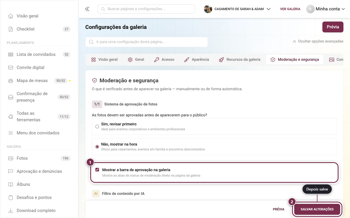 Cartão Mostrar a barra de aprovação na galeria com a chave e a barra de salvar marcadas