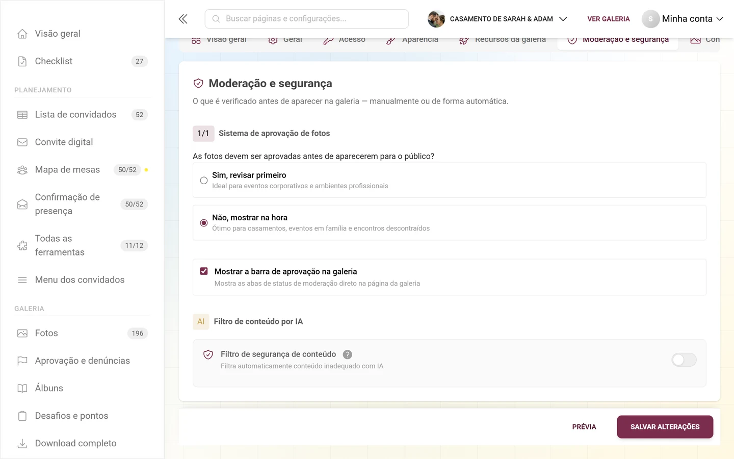 Cartão Filtro de segurança de conteúdo com o selo IA e o interruptor; acima, o sistema de aprovação de fotos e a barra de aprovação