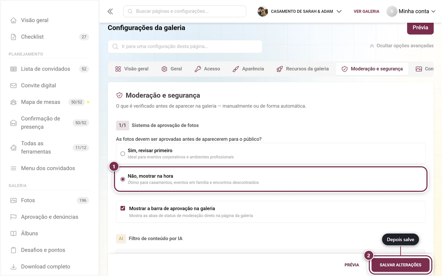 Configurações, aba Moderação e segurança, com a pergunta sobre a aprovação de fotos e a barra de armazenamento