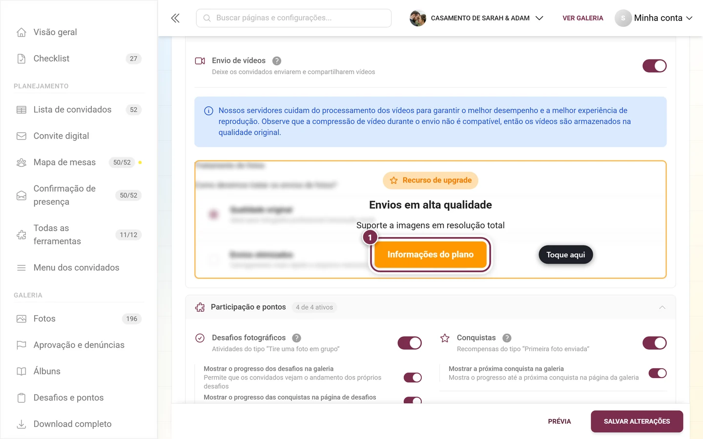 Bloco Tratamento de fotos coberto por um aviso laranja de upgrade, com o botão destacado