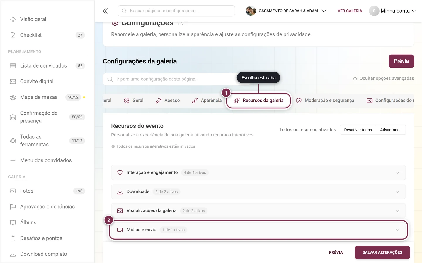 Aba Recursos da galeria destacada e, abaixo, a seção Mídias e envio destacada