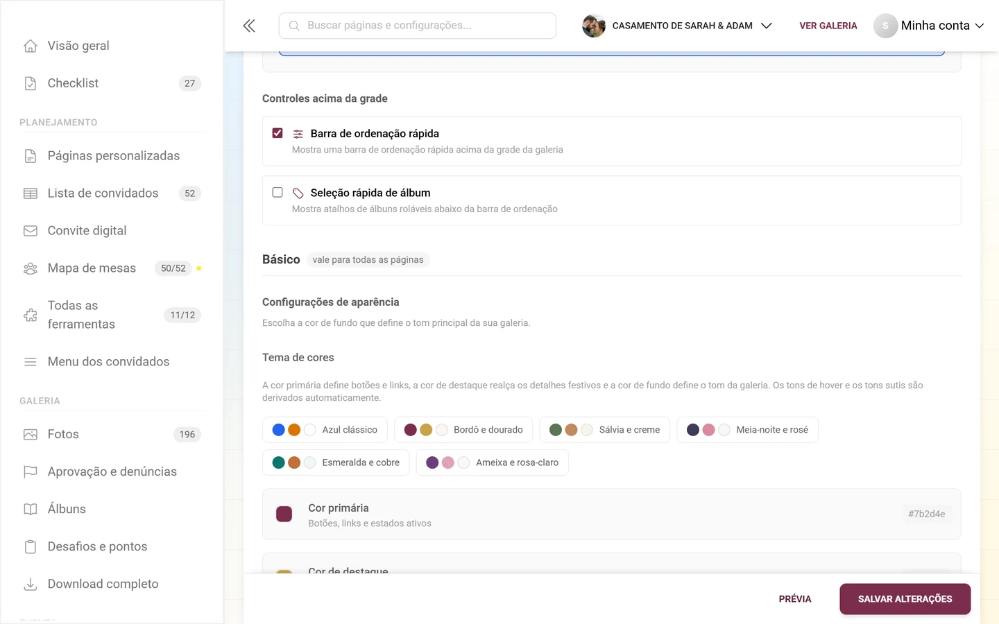 Bloco Configurações de aparência com seis paletas de cores, cor principal e cor de destaque