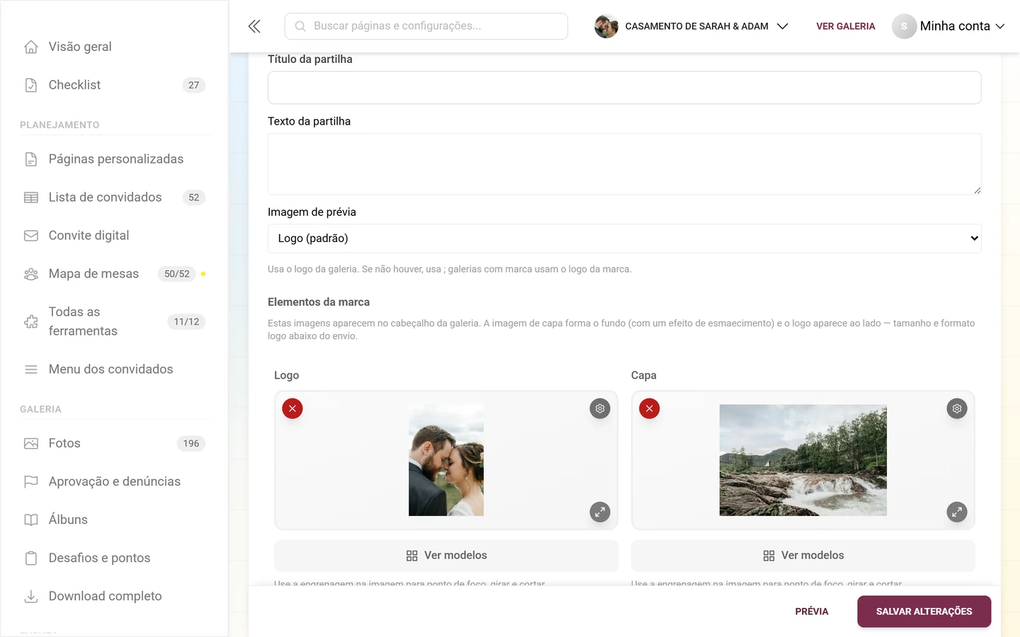 Caixa Compartilhar a galeria, botão Configurar cabeçalho e os campos vazios de envio de Logo e Capa