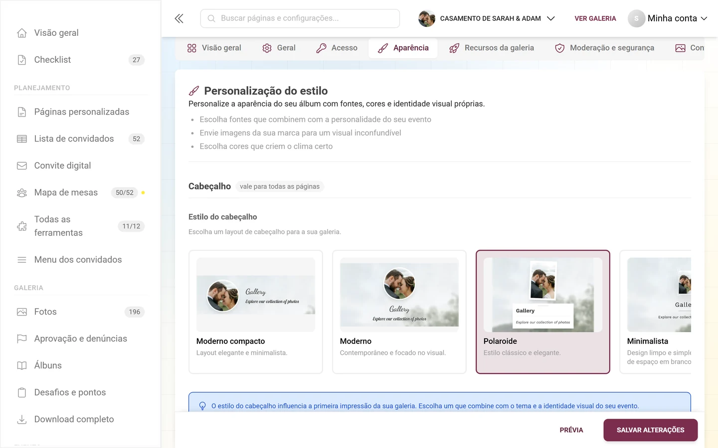 Bloco Estilo do cabeçalho com os cartões de pré-visualização Moderno compacto, Moderno, Polaroide e Minimalista
