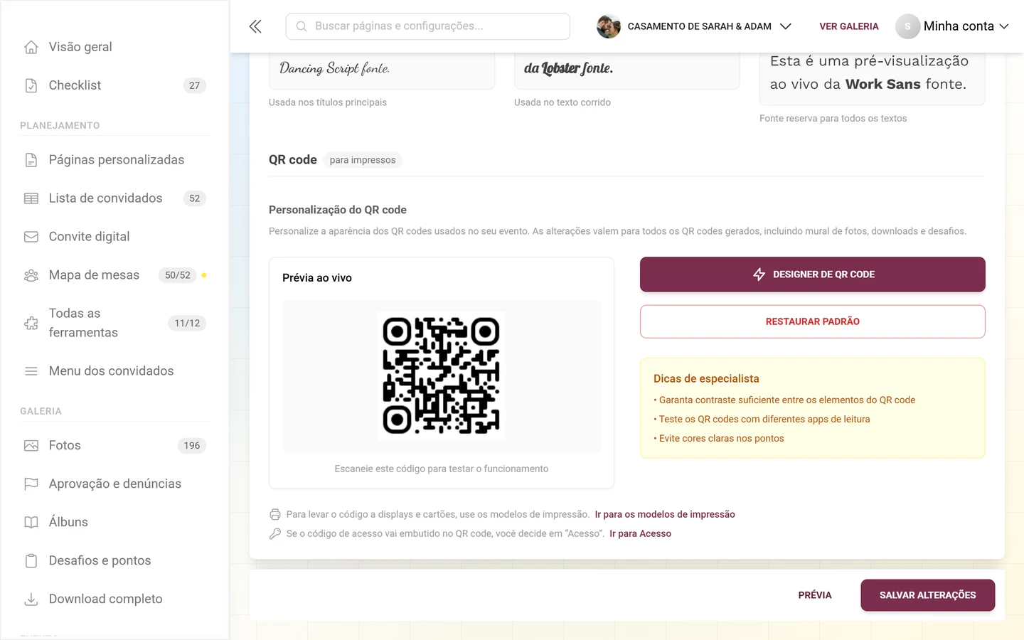 Bloco Personalização do QR code com prévia ao vivo, botão Designer de QR code e dicas profissionais