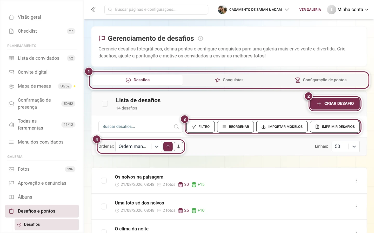 Gerenciamento de desafios com a barra de abas, o botão de criar, a barra de ferramentas e a ordenação destacados
