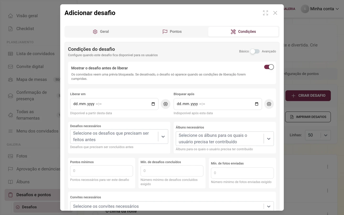Aba Condições no editor de desafios com o seletor Básico e Avançado