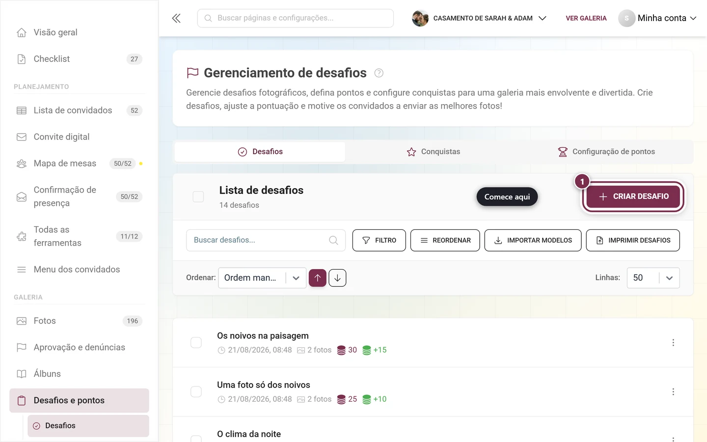 Gerenciamento de desafios com o botão Criar desafio destacado em vermelho acima da barra de ferramentas