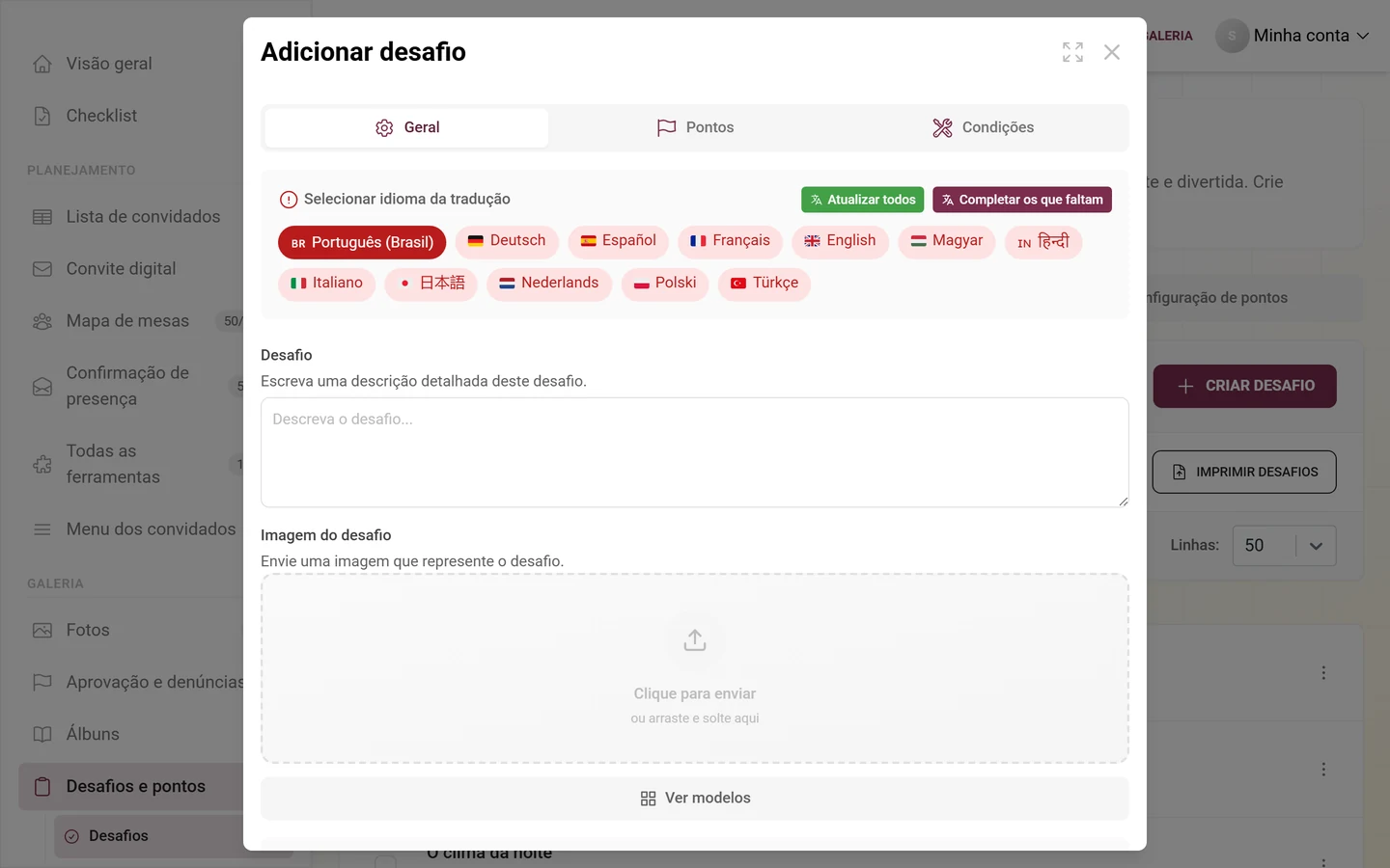 Editor de desafios com campos para desafio, imagem de referência, pontos e ordenação