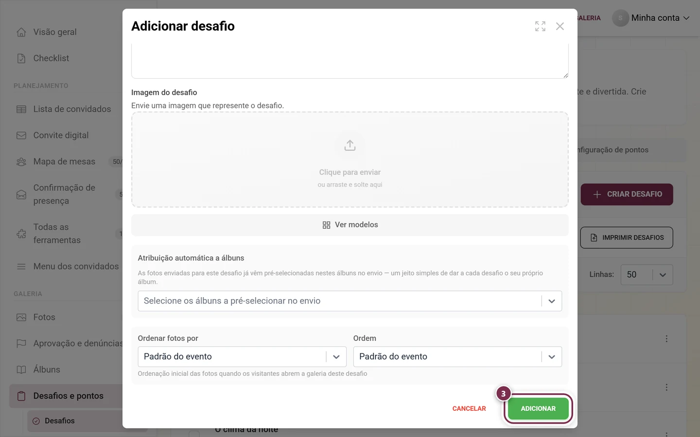 Parte inferior do editor de desafios com o botão Adicionar destacado em vermelho ao lado de Cancelar