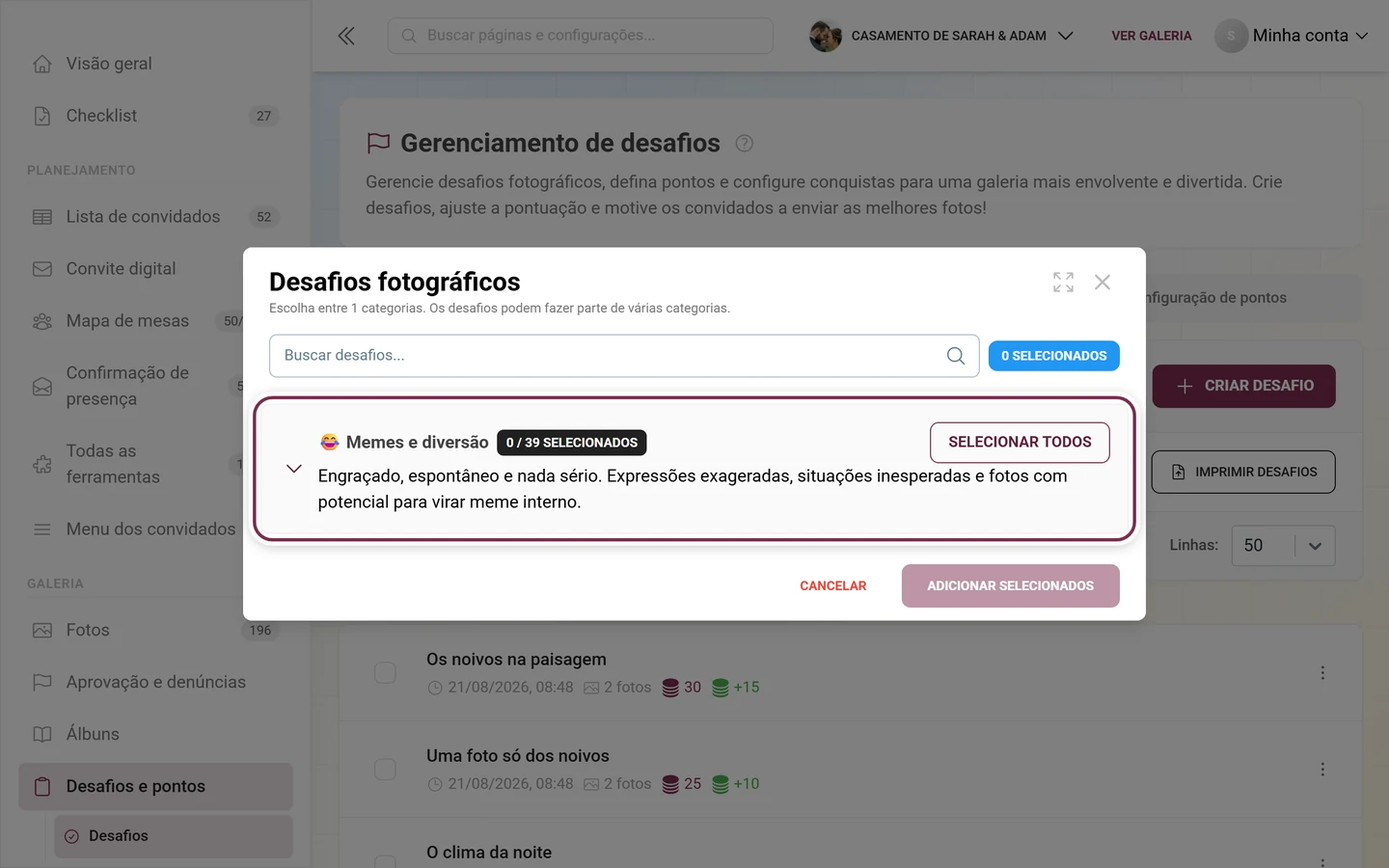 Diálogo Desafios fotográficos com campo de busca e a primeira linha de categoria destacada em vermelho