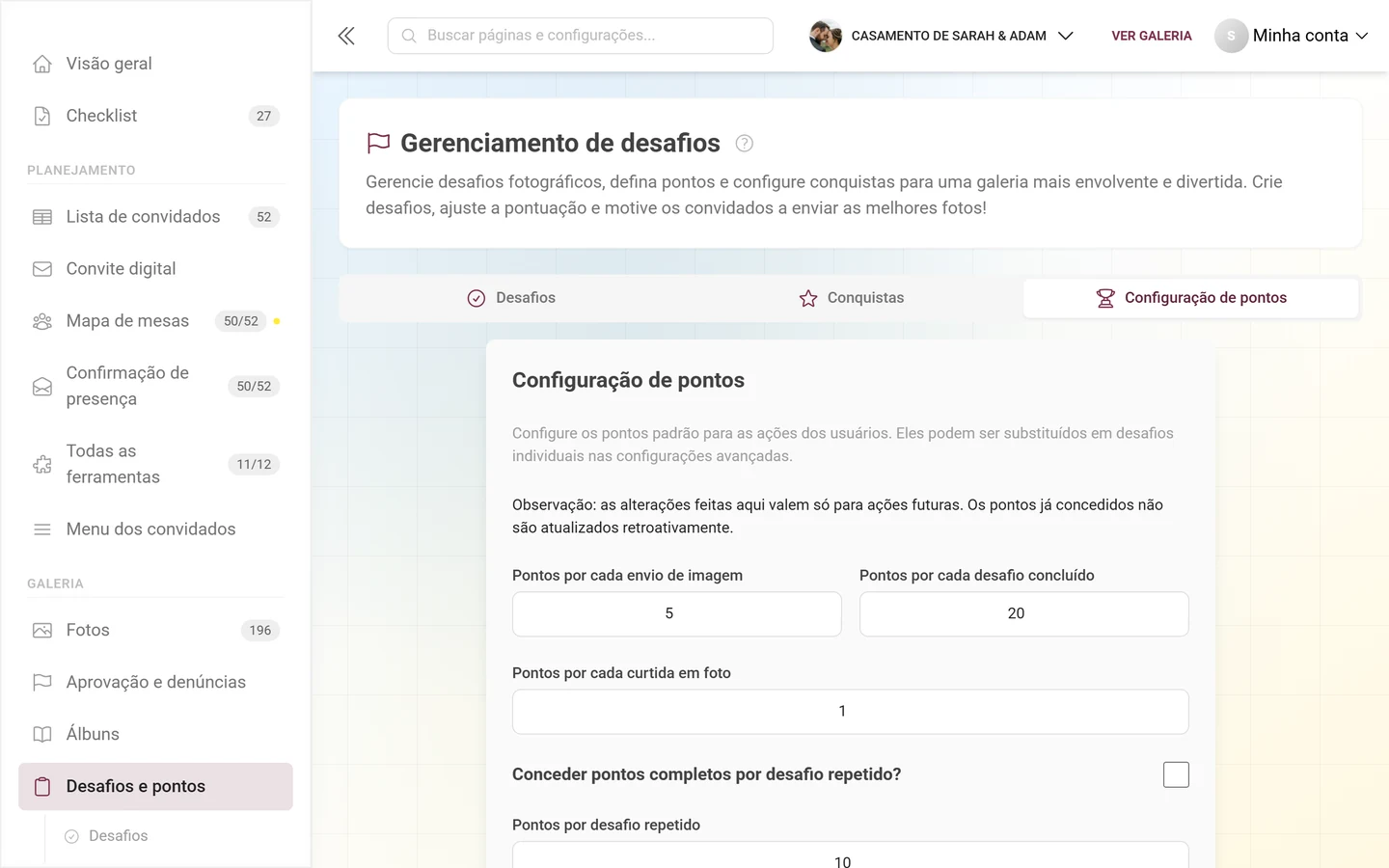 Aba Configuração de pontos com os valores de pontos por ação