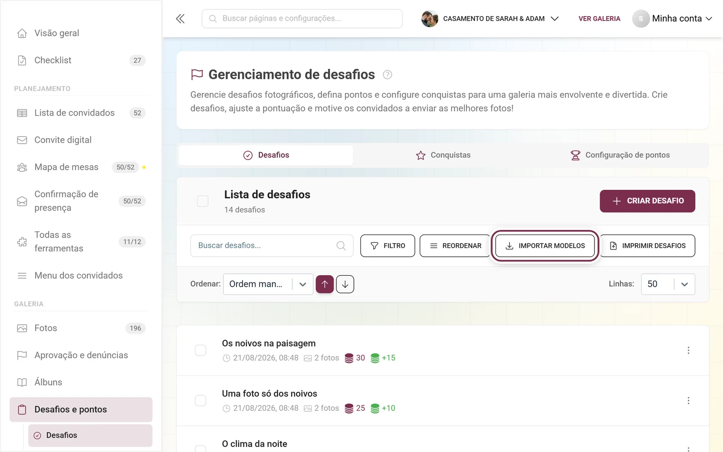 Barra de ferramentas do gerenciamento de desafios com o botão Importar modelos destacado em vermelho