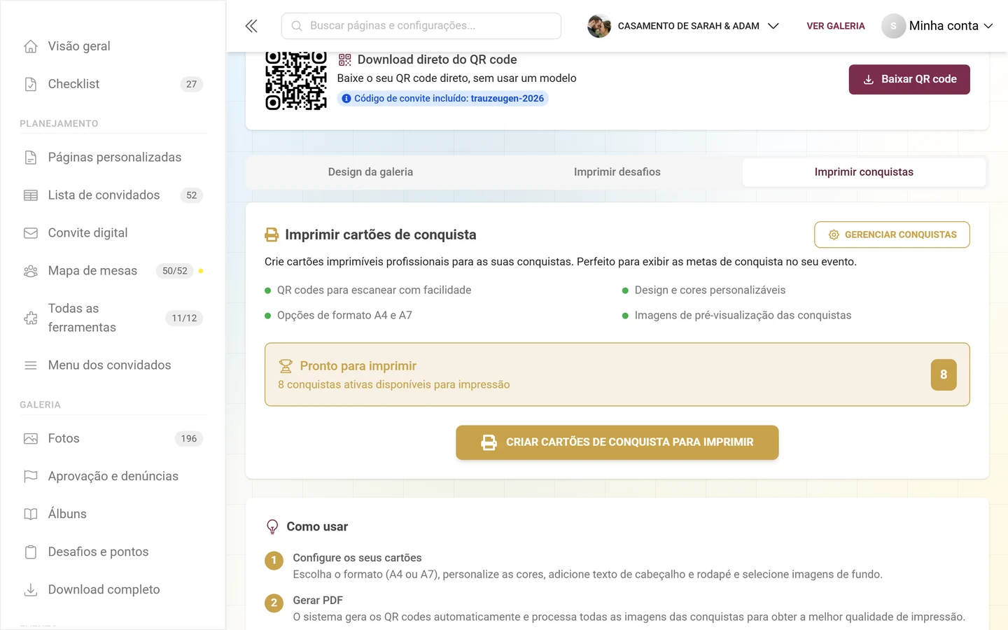 Aba Imprimir conquistas com o cartão Imprimir cartões de conquista