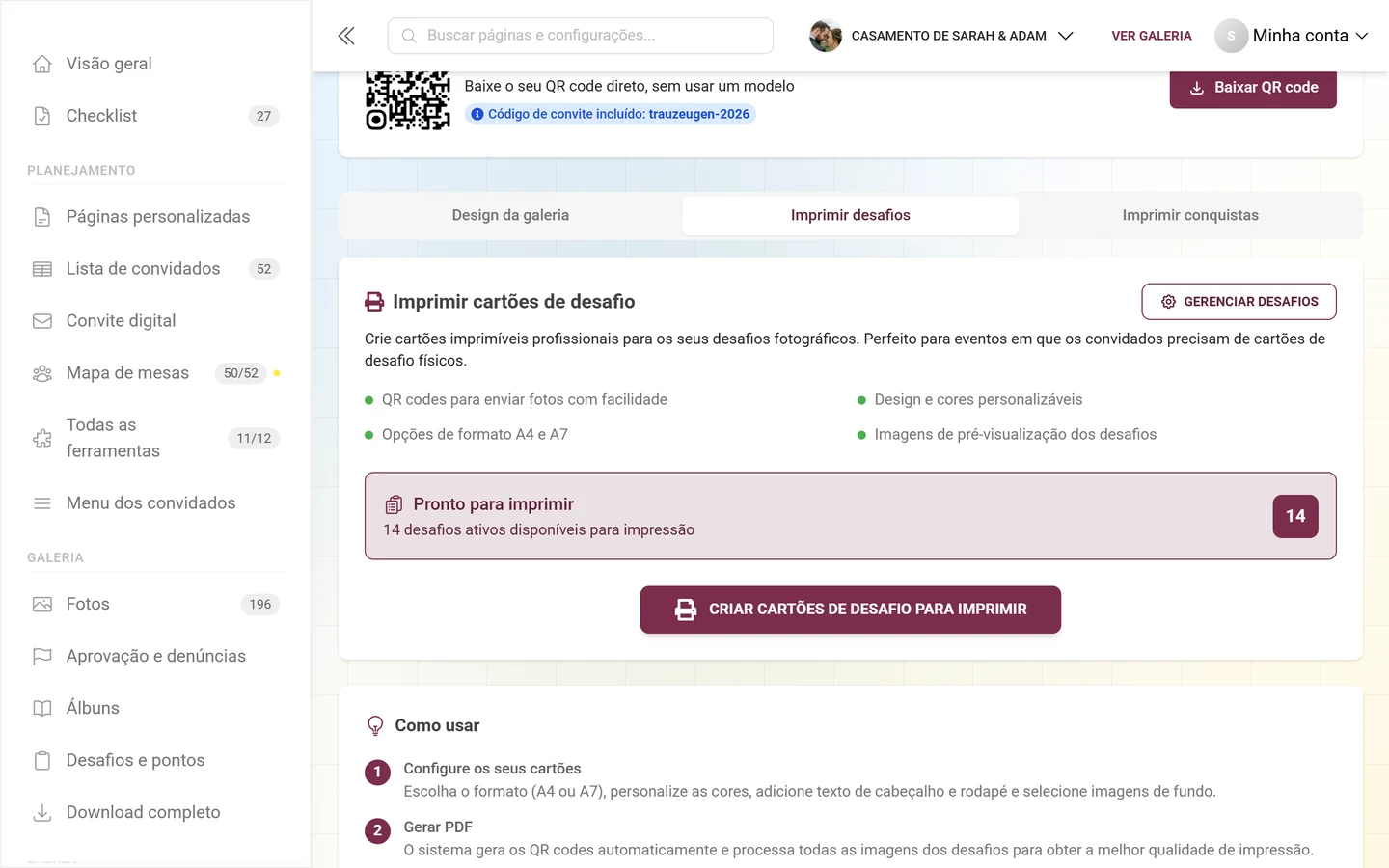 Aba Imprimir desafios com o cartão Imprimir cartões de desafio