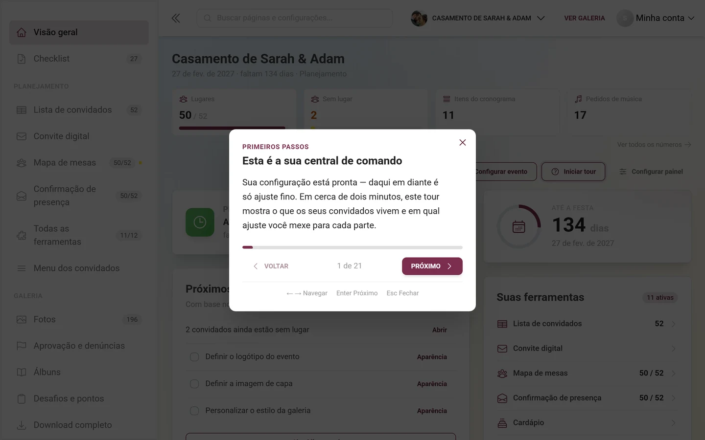 Uma etapa do tour guiado com a linha do capítulo, título, texto e o progresso X de Y
