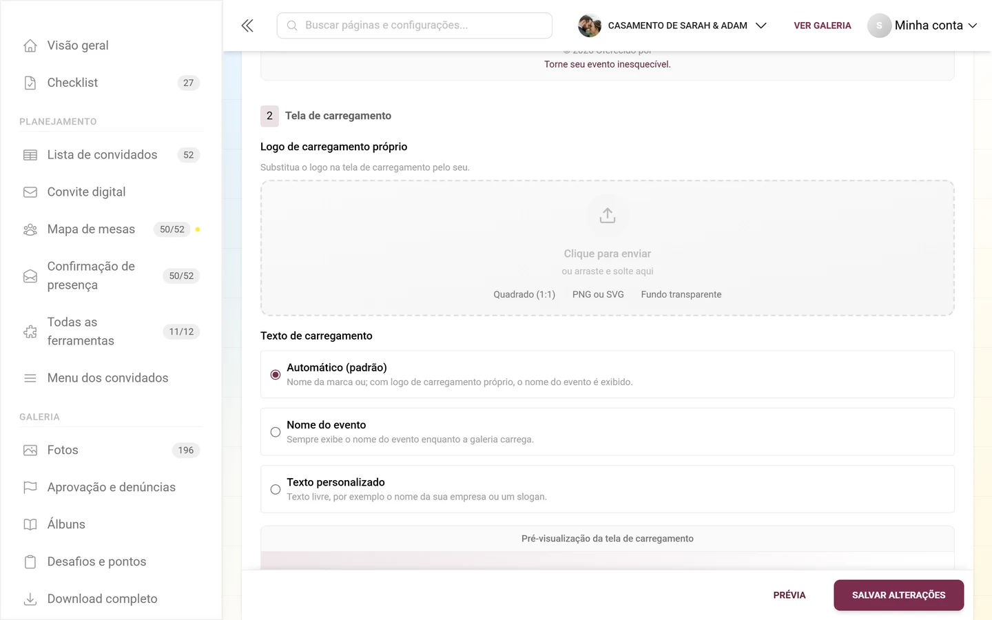 Bloco 2 Tela de carregamento com a área para soltar o logo e as três opções do texto de carregamento