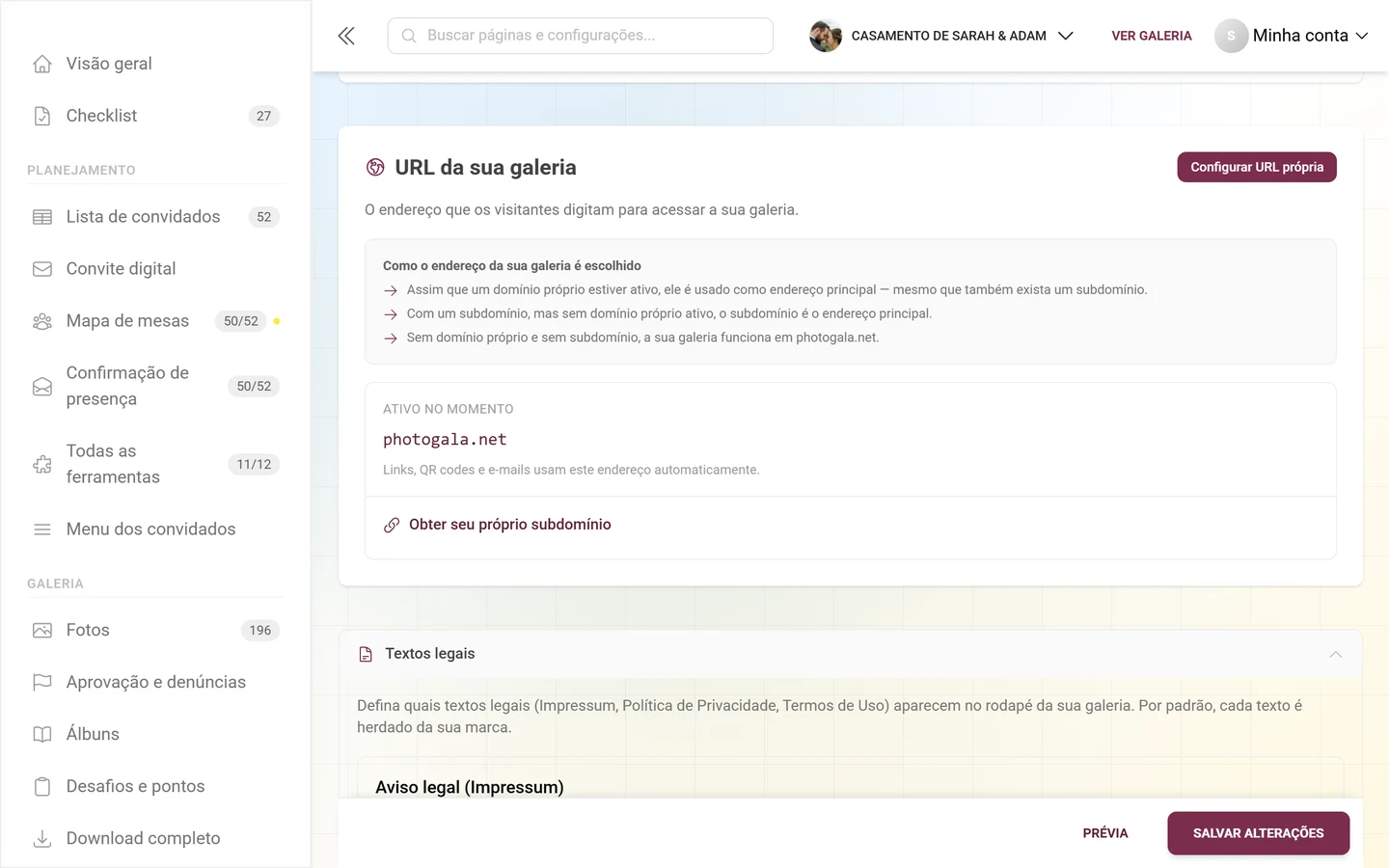 Área URL da sua galeria com o endereço atual