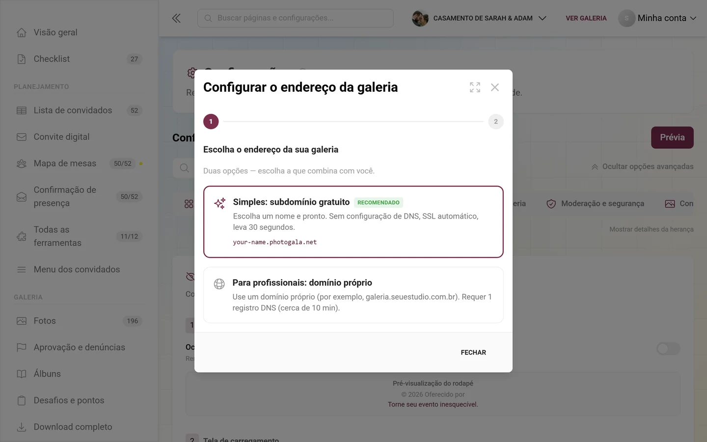Assistente para configurar uma URL própria para a galeria