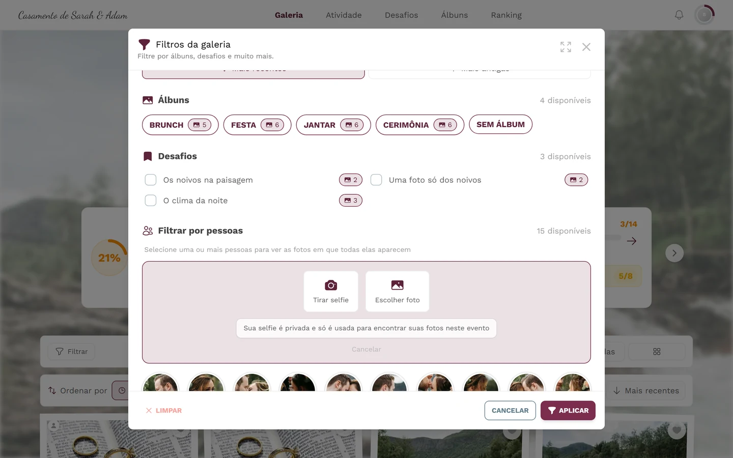 Escolha da origem do Me encontrar com os botões Tirar selfie e Escolher foto e o aviso de privacidade