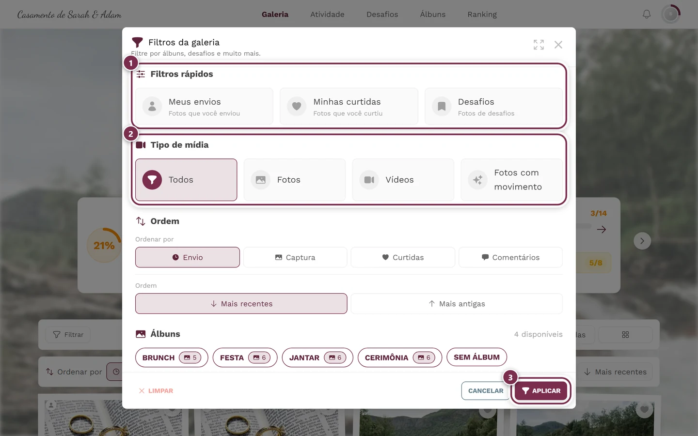 Painel de filtros com as seções Filtros rápidos, Tipo de mídia, Ordem e Álbuns