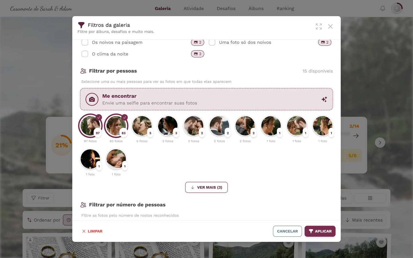 Blocos de pessoas no filtro da galeria, dois deles selecionados com anel e marca de verificação