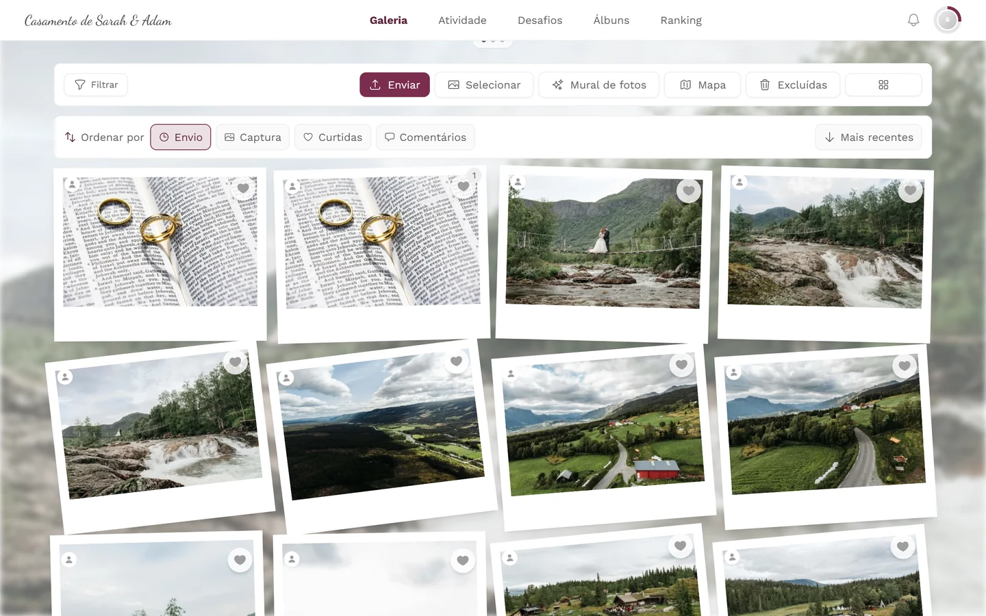 Barra de ordenação rápida acima da grade de fotos com Envio, Captura, Curtidas e a seta de sentido